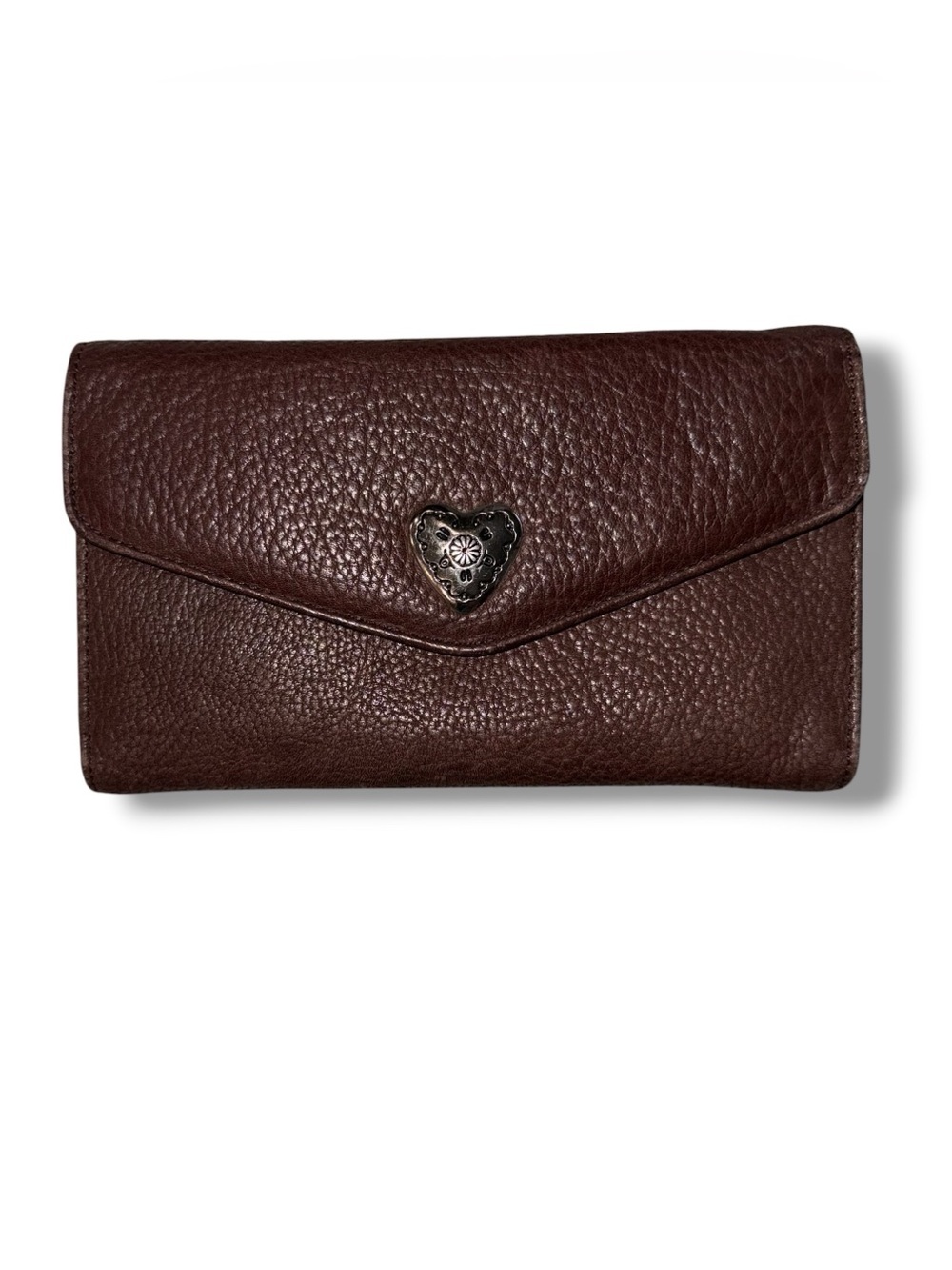 BRIGHTON Brown Pebbled Leather Heart Checkbook Wallet - Brown/Silver